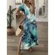 Women's Casual Dress Summer Dress Floral Leaf Split Print V Neck Long Dress Maxi Dress Streetwear Maxi Street Holiday Short Sleeve Loose Fit Royal Blue Blue Green Summer S M L XL XXL