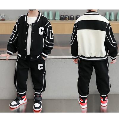 2 Pieces Kids Boys Tracksuits Outfit Solid Color Letter Long Sleeve Pocket Cotton Set Sports Daily Spring Fall 7-13 Years Black Blue