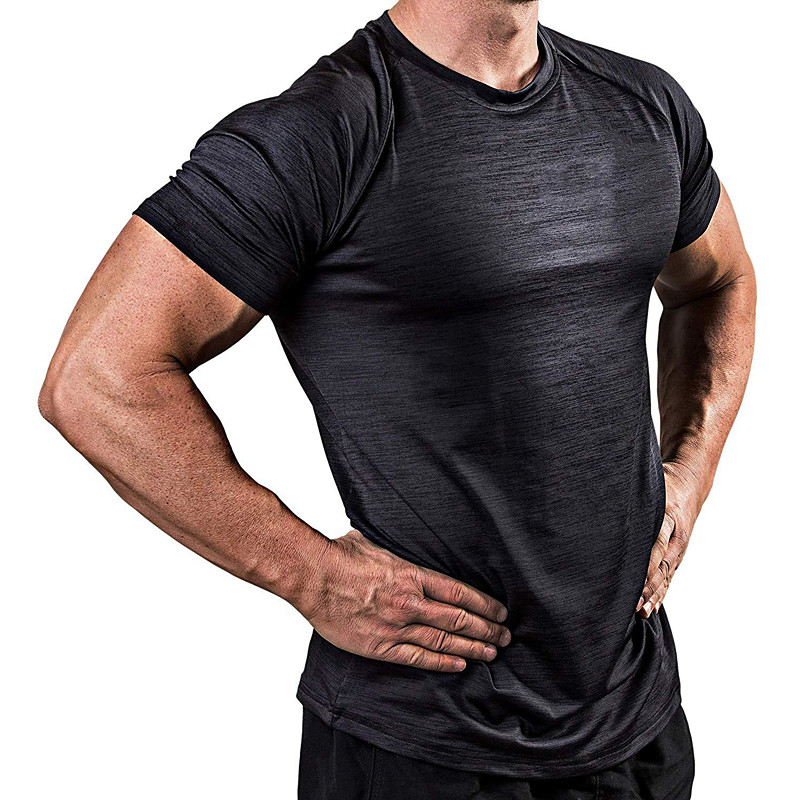 Fashion Mens Muscle T-Shirt Gym Workout Short Sleeve Shirt Athletic Bodybuilding Stretch Tee Tops Black