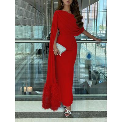 TS Sheath Evening Gown Elegant Dress Formal Fall Sweep / Brush Train Sleeveless Cowl Neck Chiffon with Feather Ruched Slit 2025