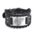 Viking Wide Bracelet Antique Silver Wolf Head Pattern Bangle Wristbands PU Cuff Retro Vintage Medieval for Men Women