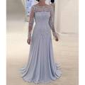 A-Line Mother of the Bride Dress Wedding Guest Elegant Scalloped Neckline Sweep / Brush Train Polyester Long Sleeve with Pleats Appliques 2024