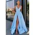 A-Line Black Dress Prom Dress High Split Evening Dress Formal Birthday Summer Dress Spaghetti Strap Sleeveless Sweep / Brush Train Satin with Pleats Split Front 2022