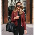 Women's Faux Leather Jacket Street Shopping Spring Fall Regular Coat Slim Windproof Chic Modern Jacket Long Sleeve Solid Color Faux Fur Trim Light Pink Navy Wine Red
