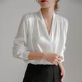 Women's Shirt Blouse Satin Plain Work White Navy Blue Long Sleeve Daily Business Mature V Neck Regular Fit Spring Fall