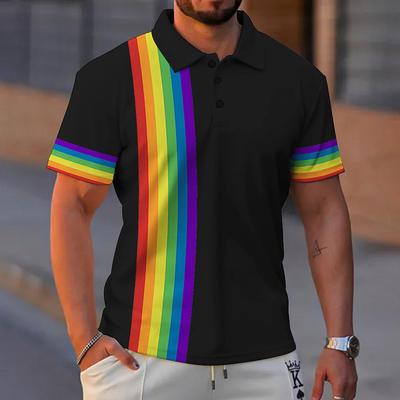Men's Rainbow Polo Shirts Golf Shirt Short Sleeve Polo Shirts Collared Shirts Business Casual Vacation Wear Formal Wear Festival Wear Buttons 3D Print Black White Blue
