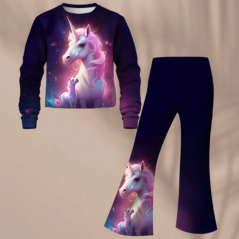 Girls' 3D Unicorn Sweatshirt Flare Pants Set Long Sleeve 3D Print Spring Fall Active Fashion Daily Kids 3-12 Years Crew Neck Outdoor Vacation Date Regular Fit