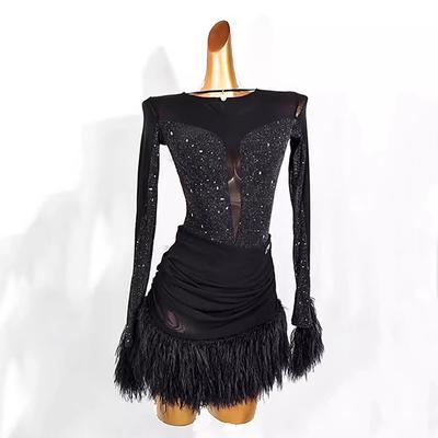 Dance Salsa Latin Dance Dress Tassel Pure Color Splicing Women's Performance Training Long Sleeve Mesh Stretch Yarn