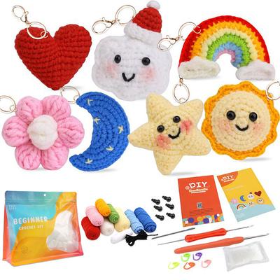 Crochet Kit for Beginners, Beginner Crochet Starter Kit with Step-by-Step Video Tutorials, Beginner Crochet Kit for Adults Kids, Knitting Kit for Beginners Cute Sun Rainbow Star Moon Love Pendant Handmade Woolen Crochet Material Bag