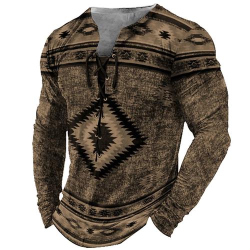 Men's T shirt Tee Tee Graphic Tribal Collar Black Light Green Pink Navy Blue Blue 3D Print Outdoor Street Long Sleeve Lace up Print Clothing Apparel Designer Stylish Vintage Basic