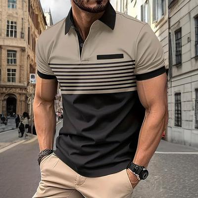 Men's Striped Polo Shirts Golf Shirt Short Sleeve Polo Shirts Collared Shirts Business Casual WorkWear Formal Wear Festival Wear Buttons 3D Print Spring Summer White Wine Orange