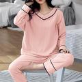 Women's Pajamas Nighty Pjs Sets 2 Pieces Pure Color Fashion Simple Comfort Home Daily Bed Cotton Breathable Gift V Wire Long Sleeve Pant Elastic Waist Basic Spring Fall Black Light Green