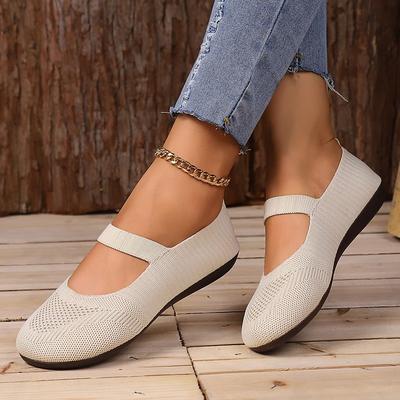 Women's Breathable Knit Fabric Mary Jane Flats – Comfortable Elastic Strap Slip-On Ballet Shoes for Daily Wear