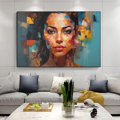 Handpainted Beautiful Abstract Figurative Painting of Woman in Colorful Tones With Geometric Pattern Vibrant Modern Art Home Wall Dcor No Frame