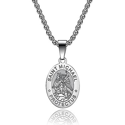 oval stainless steel saint christopher/michael medal necklace for men women, silver gold black pendant necklace simple jewelry gifts (silver saint michael (silver))