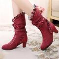 Women's Boots Ladies Shoes Valentines Gifts Plus Size Valentine's Day Daily Solid Color Mid Calf Boots Lace-up Block Heel Round Toe Elegant Vintage Fashion Faux Leather Zipper Black Red Blue