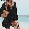 Women's Summer Beach Wear Beach Cover Up Perspective Sexy Lace Long-Sleeved V-Neck Top