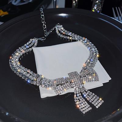 Rhinestone Choker Necklace Bow-Knot Full Crystals Necklaces Silver Sparkly Necklace Chain Jewelry Fashion Party Accessories for Women and Girls dress to impress 2025