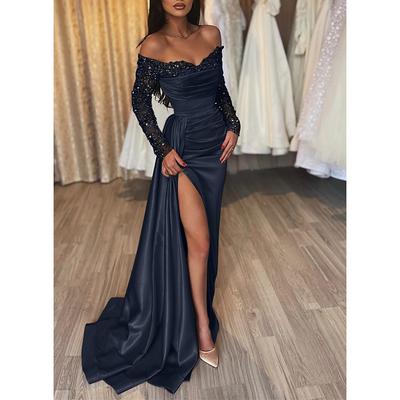 Mermaid Black Dress Evening Gown Sparkle Shine Dress Formal Wedding Party Court Train Long Sleeve Off Shoulder Fall Wedding Reception Satin with Ruched Sequin Slit 2024
