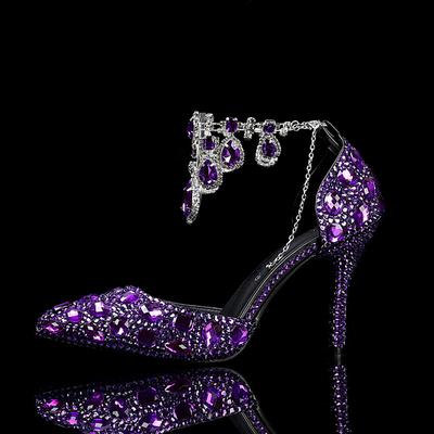 Women's Crystal Rhinestone Prom Shoes with Purple Gemstone Embellishments and Ankle Jewelry Chain - Elegant Stiletto Heels for Parties