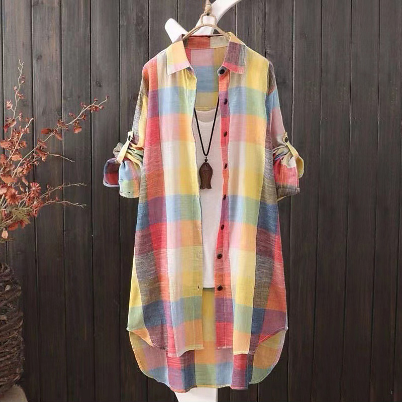 Women's Shirt Cotton Blend Blouse Plaid Casual Long Sleeve Shirt Collar Long Tops Casual Print Blue Black Red Royal Blue Summer Spring Fall