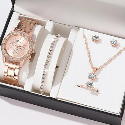 5 pcs/set Watch Set for Women - Shinny Rhinestone Fashion Starry Sky Digital Dial Quartz Watch Rings Necklace Earrings Jewelry Set Valentines Day Mother's Day Gifts