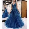 Ball Gown A-Line Prom Dresses Sparkle Shine Dress Formal Wedding Party Dress Floor Length Sleeveless V Neck Tulle Backless with Glitter Appliques 2024