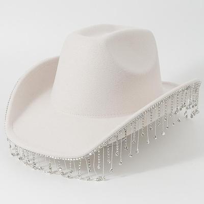 Wide Brim Western Cowboy Hats Rhinestone Cowgirl Hat Bling Diamond Fringe Panama Hat Women's Costume Wedding Acc Vintage Cosplay Hat