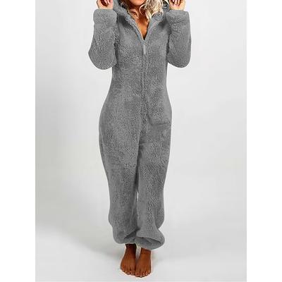 Women's Onesie Pajama Plush Fleece Bear Ear Hoodie Red Full-Length Winter Warmth Cozy Loungewear Zippered Sleepwear Casual Home Home Outfits