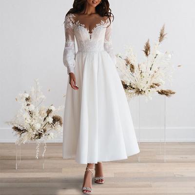 TS Beach Wedding Reception Vintage 1940s / 1950s Little White Dresses Wedding Dresses A-Line Illusion Neck Long Sleeve Ankle Length Chiffon Bridal Gowns With Appliques 2025