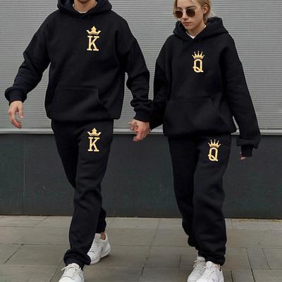 Couple's Hoodie Tracksuit Pants Sets Letter Valentine's Day Casual Date Drawstring Print Dark Gray Long Sleeve Active Sports Hooded Spring Fall