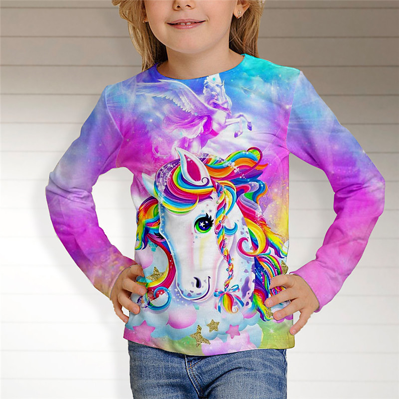 Kids Girls' T shirt Animal Casual 3D Printing Long Sleeve Crewneck Cute 7-13 Years Fall Multicolor White Pink