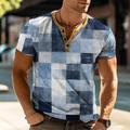 Plaid Faux Patchwork Pattern Men's Casual 3D Print T shirt Tee Henley Shirt Waffle T Shirt Sports Outdoor Casual Daily T shirt Light Blue Blue Sky Blue Short Sleeve Henley Shirt Spring Summer