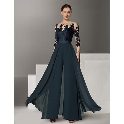 TS Jumpsuit / Pantsuit Mother of the Bride Dress Formal Wedding Guest Elegant Party Scoop Neck Ankle Length Chiffon Lace 3/4 Length Sleeve with Appliques 2025