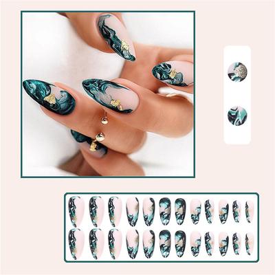 Medium Press on Nails Almond Shape Fake Nails Full Cover Acrylic Nails with Gold Foil Designs Dark Green Marble False Nails Matte Stick on Nails for Women and Girls Manicure Decorations