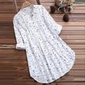 Linen Shirt Long Cotton Top White Cotton Top White Cotton Blouse Women's White Blue Green Floral Button Printing Street Daily Fashion Round Neck Cotton Linen Regular Fit M