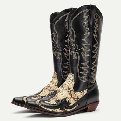 Men's Black and Snake Print Western Cowboy Boots - Exotic Leather with Intricate Embroidery for Rodeo and Casual Wear