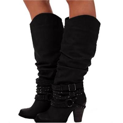 Women's Beige Slouchy Knee-High Boots with Buckle and Stud Accents, Vintage Western Style for Fall and Winter Casual Wear