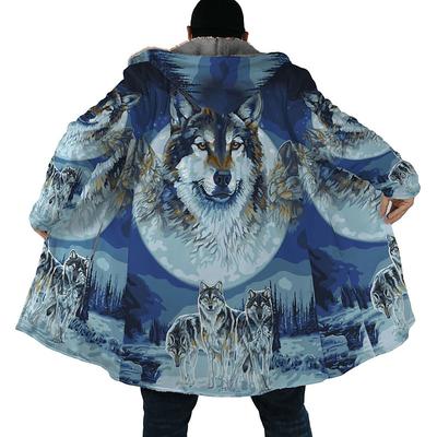 Men's Winter Coat Fleece Jacket Coat Sports Outdoor Daily Wear Warm Breathable Zipper Pocket Fall Winter Animal Wolf Fashion Streetwear Hoodie Long Regular Fit Black Blue Gray Light Blue Jacket