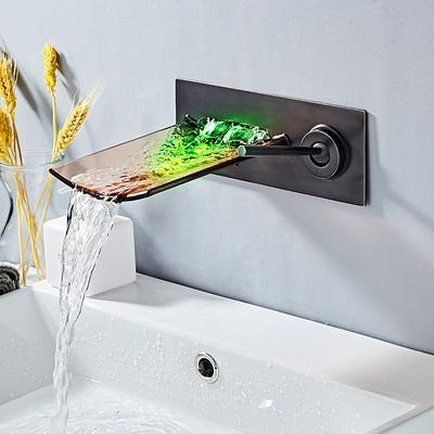 Wall Mounted Bathroom Sink Faucet,Single Handle Two Holes LED Waterfall Contemporary Chromium Plating Bath Taps with Hot and Cold Water