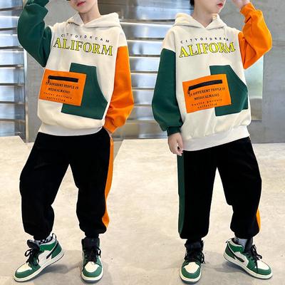 2 Pieces Sets Kids Boys Tracksuits Outfit Color Block Letter Long Sleeve Pocket Set Sports Daily Fall Winter 7-13 Years Beige