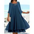 Women's Two Piece Dress Set Casual Dress Chiffon Dress Swing Dress Outdoor Daily Elegant Fashion Layered Midi Dress Crew Neck 3/4 Length Sleeve Plain Regular Fit Navy Blue Fall Winter S M L XL XXL