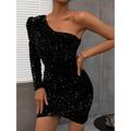 Women's Black Dress Sequin Dress Party Dress Mini Dress Silver Black Wine Long Sleeve Pure Color Sequins Fall Winter Autumn One Shoulder Fashion Vacation 2023 S M L XL