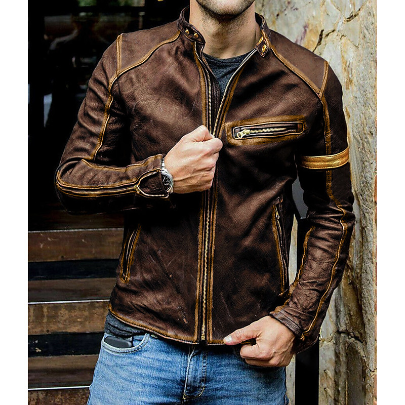 Men's Faux Leather Jacket Transition Jacket Biker Jacket Vintage Leather Jacket Streetwear Thermal Warm Rain Waterproof Vintage Style Spring Fall Winter Chic Modern ArmyGreen Wine Navy Blue khaki