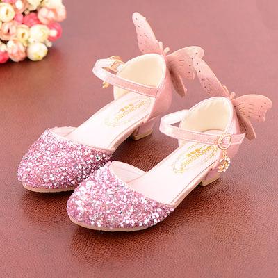 Girls' Pink Glitter Princess Shoes – Sparkly Butterfly Dress Shoes with Ankle Strap for Parties, Weddings Special Occasions