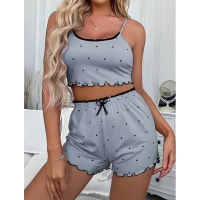 Women's Valentine Pajama Sets 2 Pieces Dot Print Lettuce Trim Crop Cami Top with Shorts Pj Sets Pink Gray 3 3XL Sping Summer Home Outfits