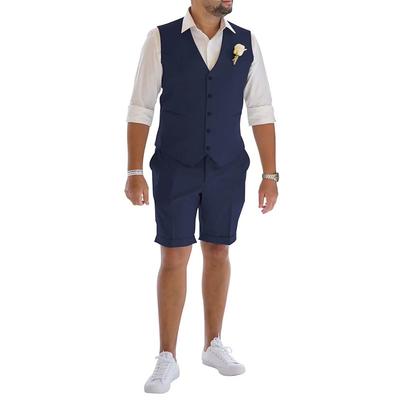 Men's Linen Suits Wedding Shorts Waistcoat Beach Summer Solid Formal Light Blue Sky Blue Dark Navy Colored Causal 2 Piece Tailored Fit