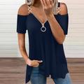 Women's Tunic T shirt Tee BurgundyTee Plain Casual Weekend Cold Shoulder Quarter Zip Cold Shoulder Black Short Sleeve Basic Off Shoulder Half Zip