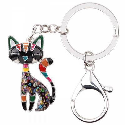 Enamel Alloy Floral Elegant Kitten Cat Keychains Key Ring Animal Pets Jewelry Gift for Women Girls Purse Handbag Charms Accessories