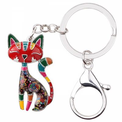 Enamel Alloy Floral Elegant Kitten Cat Keychains Key Ring Animal Pets Jewelry Gift for Women Girls Purse Handbag Charms Accessories